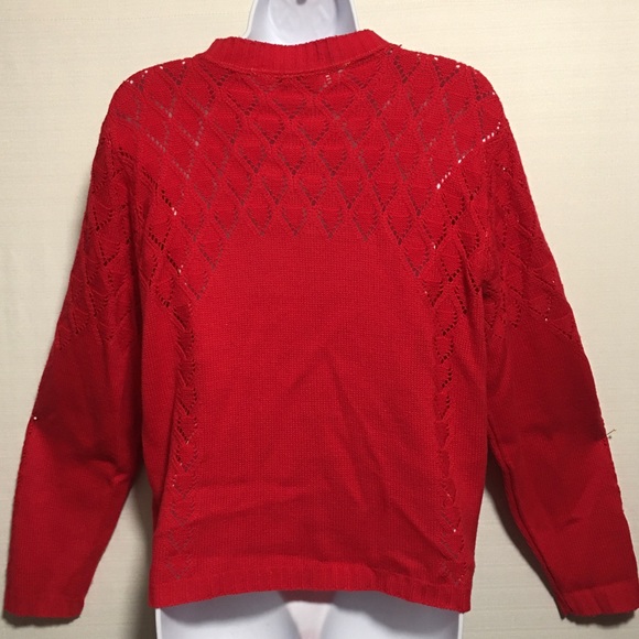 Vtg Xmas red sweater cardigan Keneth Too! Made in USA Button front cut out yoke - Picture 3 of 10